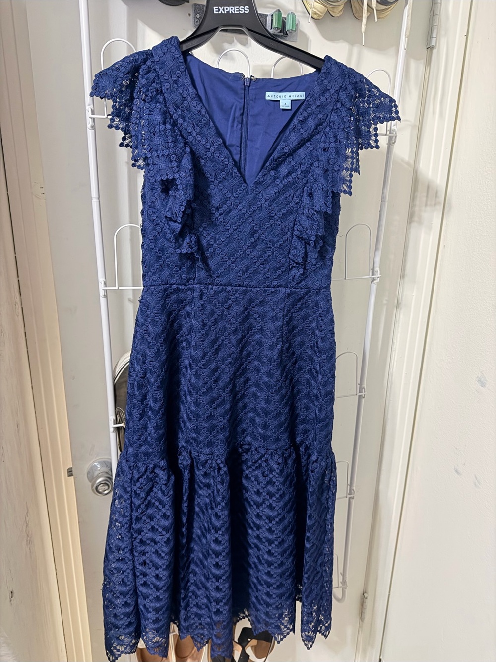 ANTONIO MELANI Navy Lace Midi Dress with Ruffle Cap Sleeves